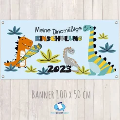 Banner zur Einschulung 100 x 50 cm - mit Foto personalisierbar | Meine Dinomäßige Einschulung - blau
