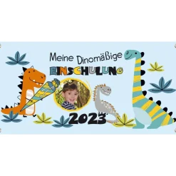 Banner zur Einschulung 100 x 50 cm - mit Foto personalisierbar | Meine Dinomäßige Einschulung - blau