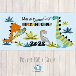 Banner zur Einschulung 100 x 50 cm - mit Foto personalisierbar | Meine Dinomäßige Einschulung - blau