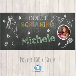 Banner zur Einschulung 100 x 50 cm - mit Foto personalisierbar | Tafeloptik - Endlich Schulkind