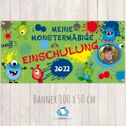 Banner zur Einschulung 100 x 50 cm - mit Foto personalisierbar | Meine Monstermäßige Einschulung - grün
