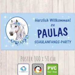Banner zur Einschulung 100 x 50 cm  | Pony mit Rosen und Sternchen - hellblau