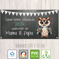 Banner zur Einschulung 100 x 50 cm - personalisierbar | Tafeloptik Eule Schulstart - Wunschtext
