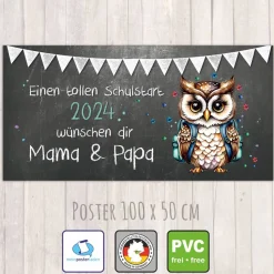 Banner zur Einschulung 100 x 50 cm - personalisierbar | Tafeloptik Eule Schulstart - Wunschtext