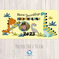 Banner zur Einschulung 100 x 50 cm - mit Foto personalisierbar | Meine Dinomäßige Einschulung - gelb