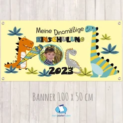 Banner zur Einschulung 100 x 50 cm - mit Foto personalisierbar | Meine Dinomäßige Einschulung - gelb