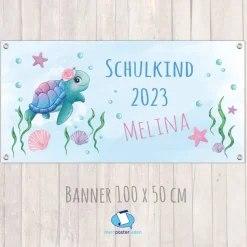 Banner zur Einschulung 100 x 50 cm  | Schulkind - Schildkröte Aquarell-Design