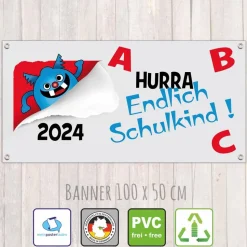Banner zur Einschulung 100 x 50 cm | Lustiges Monster - Hurra, Endlich Schulkind!
