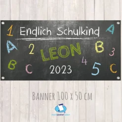Banner zur Einschulung 100 x 50 cm - personalisierbar | Tafeloptik ABC - Endlich Schulkind