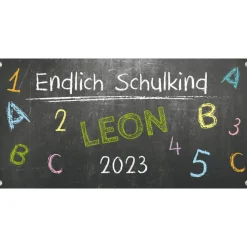 Banner zur Einschulung 100 x 50 cm - personalisierbar | Tafeloptik ABC - Endlich Schulkind