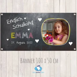 Banner zur Einschulung 100 x 50 cm - mit Foto personalisierbar | Tafeloptik Herzchen