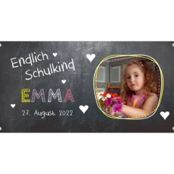 Banner zur Einschulung 100 x 50 cm - mit Foto personalisierbar | Tafeloptik Herzchen