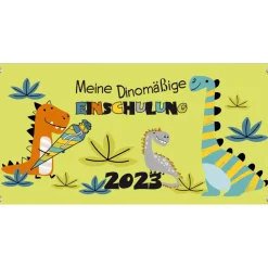 Banner zur Einschulung 100 x 50 cm - mit Foto personalisierbar | Meine Dinomäßige Einschulung - grün