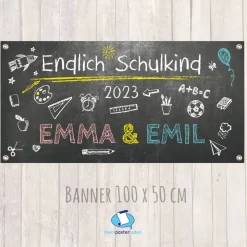 Banner zur Einschulung - Zwillinge - 100 x 50 cm  | Tafeloptik - Endlich Schulkind