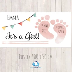 Banner zur Geburt - Babyparty 100 x 50 cm | Its a Girl - Baby Fußabdruck - rosa