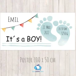 Banner zur Geburt - Babyparty 100 x 50 cm | Its a boy - Baby Fußabdruck - aquablau