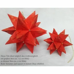 Bascetta-Stern, ca. 12 cm, Rot mit Gold und Goldperlen, Aufhängeschlaufe in Gold, Weihnachtsstern, Origami Faltster