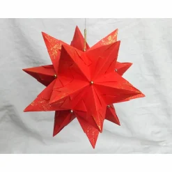 Bascetta-Stern, ca. 12 cm, Rot mit Gold und Goldperlen, Aufhängeschlaufe in Gold, Weihnachtsstern, Origami Faltster