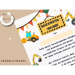Bauarbeiter Zertifikat für Kindergeburtstag - Personalisiertes Baustellenparty Zubehör | Bagger, Handwerker, Radlader,