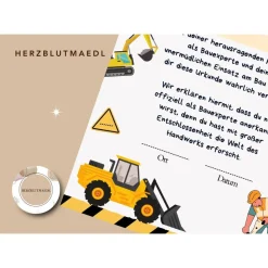 Bauarbeiter Zertifikat für Kindergeburtstag - Personalisiertes Baustellenparty Zubehör | Bagger, Handwerker, Radlader,