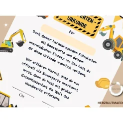 Bauarbeiter Zertifikat für Kindergeburtstag - Personalisiertes Baustellenparty Zubehör | Bagger, Handwerker, Radlader,