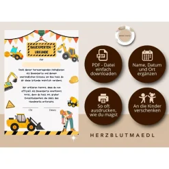Bauarbeiter Zertifikat für Kindergeburtstag - Personalisiertes Baustellenparty Zubehör | Bagger, Handwerker, Radlader,