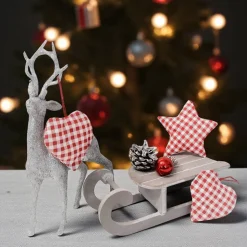 Baumschmuck 3er Set, Stern und Herzen rot kariert