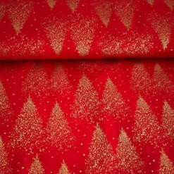 Baumwolle - goldene Weihnachstbäume auf Rot - 50cm
