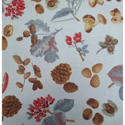 Baumwollstoff mit Herbstmotiven, Dekostoff, Breite 1,40 m, Meterware, natur,  beige, grau, rot, Fliegenpilz, Nüsse