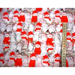Baumwollstoff Weihnachten – Weiße Kätzchen mit rotem Schal & Mütze – Meterware – Weihnachtsstoffe EU