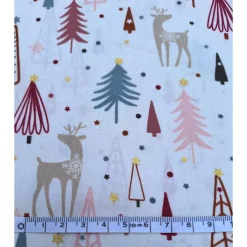 Baumwollstoff, Weihnachtsstoff, Tannenbaum, Rentier, 0,5x1,45m, Meterware, natur, beige, altrosa, petrol,gold