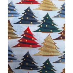 Baumwollstoff, Weihnachtsstoff, Tannenbäume mit Kugeln, 0,5x1,40m, Meterware, natur, rot, grün, braun, rauchblau