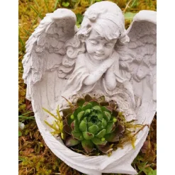 Bepflanzter Engel aus Beton Grabschmuck Trauer Grabgesteck Grabengel Engel