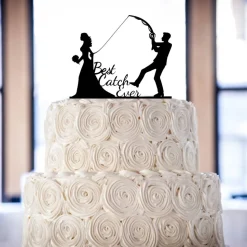Best Catch Ever - Acryl Cake Topper Figuren für Hochzeitstorte | Schwarz Angel Topper | Lustiger Tortenstecker Hochzeit