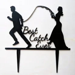 Best Catch Ever - Acryl Cake Topper Figuren für Hochzeitstorte | Schwarz Angel Topper | Lustiger Tortenstecker Hochzeit