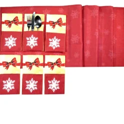 Bestecktaschen 6 Stück & Tischläufer Schneeflocken Schleife – Tischset Weihnachten Deko