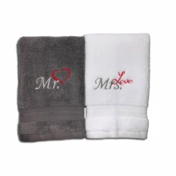 Bestickte personalisierte Gästehandtücher Mr. & Mrs. Love Monogramm Frotteetuch 2er Set Geschenk für Verliebte Deko Bad