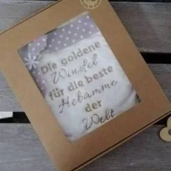 Bestickte Windel mit Spruch: Die goldene Windel für die beste Hebamme
