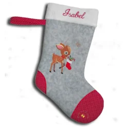 Bestickter grauer Nikolausstiefel Stickmotiv Reh personalisierter Weihnachtsstiefel mit Namen flauschige Krempe
