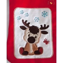 Bestickter roter Nikolausstiefel Applikation Rentier personalisierter Weihnachtsstiefel mit Namen flauschige Krempe