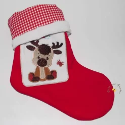 Bestickter roter Nikolausstiefel Applikation Rentier personalisierter Weihnachtsstiefel mit Namen flauschige Krempe
