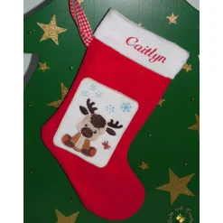 Bestickter roter Nikolausstiefel Applikation Rentier personalisierter Weihnachtsstiefel mit Namen flauschige Krempe