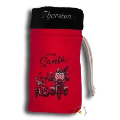 Bestickter Weihnachtsbeutel Motorrad-Santa personalisierter Nikolausbeutel weihnachtlicher Wunschname flauschige Krempe