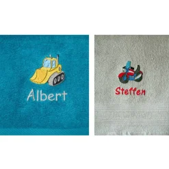 Besticktes Kinderhandtuch mit Fahrzeugen Wunschnamen Kita Erkennungsbilder Kindertagesstätte Tagesmutter Kindergarten
