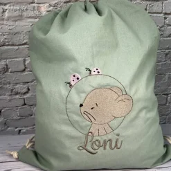 Beutel bestickt mit Maus, Marienkäfer und Wunschnamen I personalisierter Kita Beutel I Kindergartentasche mit Name