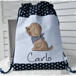 Beutel-/Rucksack blau mit Hund und Wunschname