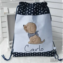 Beutel-/Rucksack blau mit Hund und Wunschname