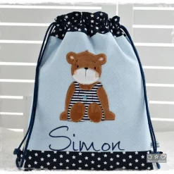 Beutel-/Rucksack hell-dunkelblau mit Bär und Wunschname