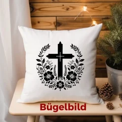 Bügelbild Kreuz und Blumen - Applikation zum aufbügeln - Aufbügler - christliches Bügelbild