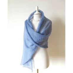 Blaues Tuch mit silberfarbigen Lurex, gestrickte Stola aus Mohair, festlicher Damen Schal helle Farbe